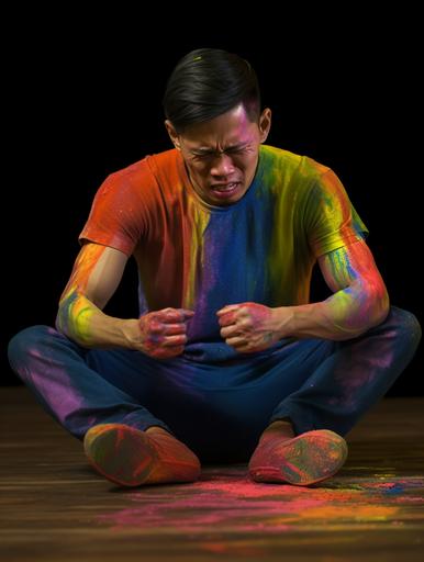 hyper realistic, person 1 filipino gay male with muscles 20%, age 20 crying on the floor, cinematic, liquid rainbow paint on the floor, dramatic --ar 9:12