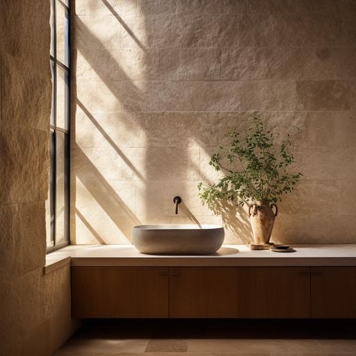 hyper realistic photo, interior view, zoomed in detail shot, product photography, bathroom interior, rough textured limestone walls:: 10, refined shadow gap details, beige plaster, ficus ivy, cream travertine, brass sanitaryware, soft warm lighting