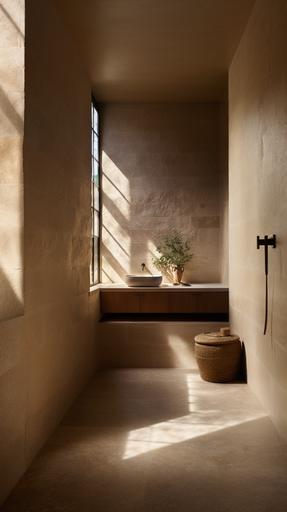 hyper realistic photo, interior view, zoomed in detail shot, product photography, bathroom interior, rough textured limestone walls:: 10, refined shadow gap details, beige plaster, ficus ivy, cream travertine, brass sanitaryware, soft warm lighting --ar 9:16
