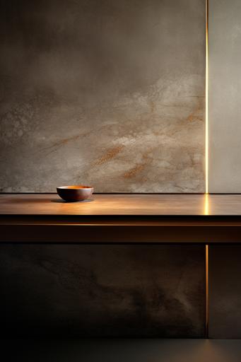 hyper realistic photo, macro zoomed in detail shot, close up detail, floor and wall joint detail, refined shadow gaps, brass trims, light rough limestone weathered wall, shiny aluminium bar table top junction detail, teak wood, modern style, soft warm lighting --ar 2:3