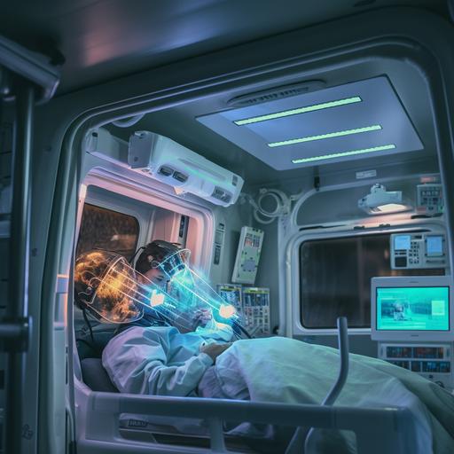 hyper realistic photo of AI being used to scan a patient inside of an ambulance