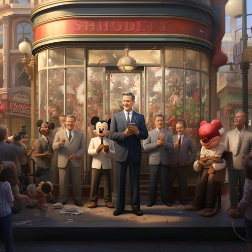 hyper realistic photo of Bob Iger and Ted Sarandos and Mickey Mouse giving a press conference in front of a barbershop with the people listening being of all ages genders and race. Have barbers listening from in front of the shop