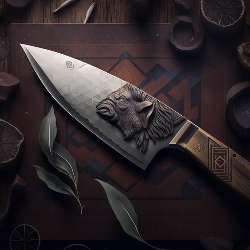 hyper realistic photo of a chefs knife with a geometric bison logo on the blade