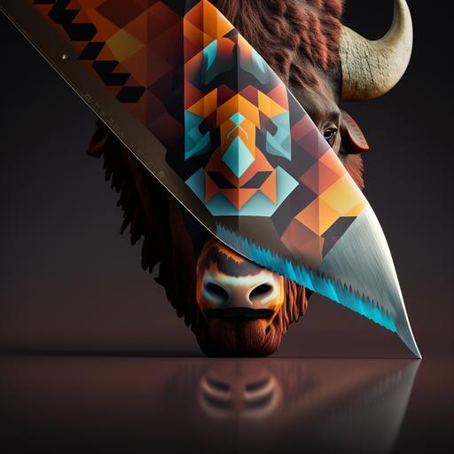 hyper realistic photo of a chefs knife with a geometric bison logo on the blade