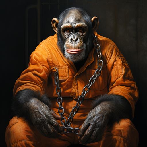 hyper realistic photo of a chimpanzee wearing an orange prison jumpsuit. The chimpanzee is in handcuffs smilling.