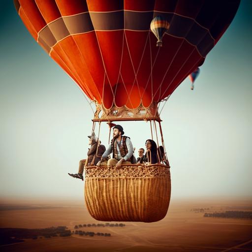 hyper realistic photo of a man in a hot air balloon basket high in the sky and he's throwing a weight off the side ::4 :: --v 4