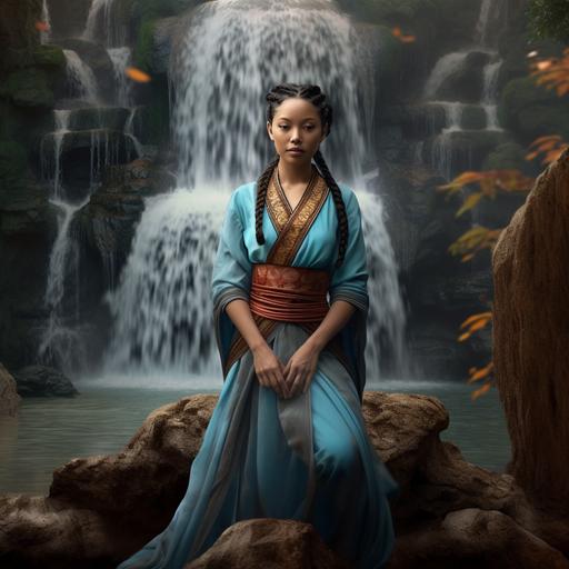 hyper realistic photo of a woman water bender from avatar the last airbender in Elizabethan clothing, behind her is a waterfall
