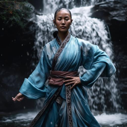 hyper realistic photo of a woman water bender from avatar the last airbender in Elizabethan clothing, behind her is a waterfall