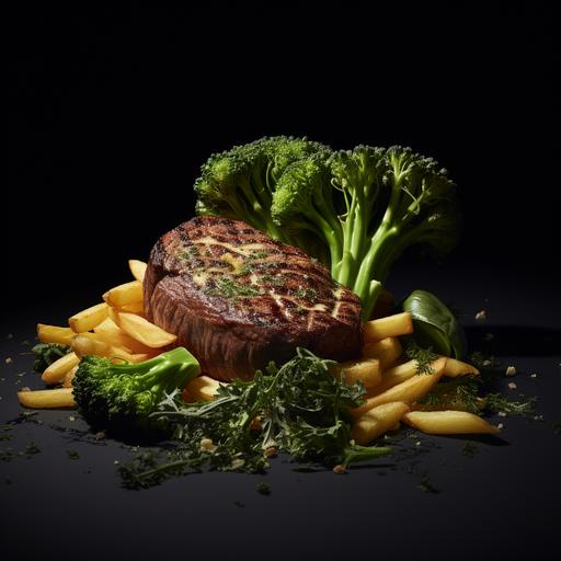 hyper realistic photograph at 50mm of a fillet steak, chunky skin on fries and brocoli