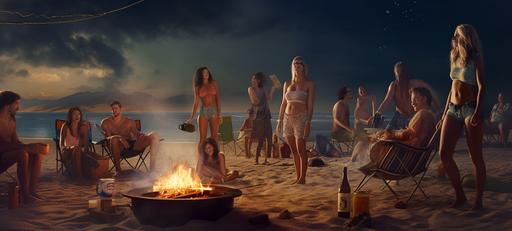 hyper realistic photograph, beautiful young people wearing swimwear, party on the beach, camp fire, sunset, beer, cocktails, , Cinematic lightning 32k, --v 5 --ar 20:9
