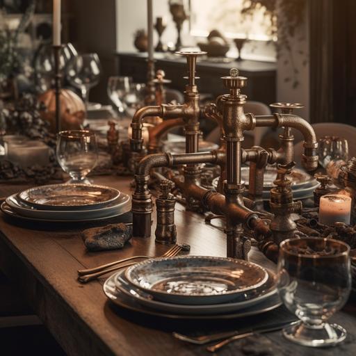 hyper-realistic photograph depicting a table with large plumbing objects such as brass and steel valves and taps in the foreground, the rich table set with a beautiful lace tablecloth in a luxury home on Thanksgiving Day --v 5.0 --s 750
