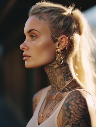hyper realistic photograph, portrait of a tattooed european woman, white, golden jewelry, nose piercing, side profile, dramatic light, looking into the camera   film grain, Leica 50mm, Kodak portra 800, robert rieger, f1. 4, golden hour --ar 3:4