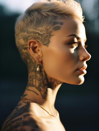 hyper realistic photograph, portrait of a tattooed european woman, white, golden jewelry, nose piercing, side profile, dramatic light, looking into the camera   film grain, Leica 50mm, Kodak portra 800, robert rieger, f1. 4, golden hour --ar 3:4