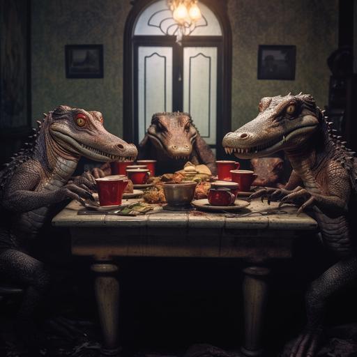 hyper realistic photography of red alligators with huge eyes sitting in a table to have dinner. there is one human with them in the table. the scenario is an old house full of reliquary.