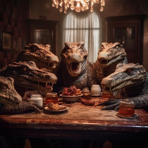 hyper realistic photography of red alligators with huge eyes sitting in a table to have dinner. there is one human with them in the table. the scenario is an old house full of reliquary.