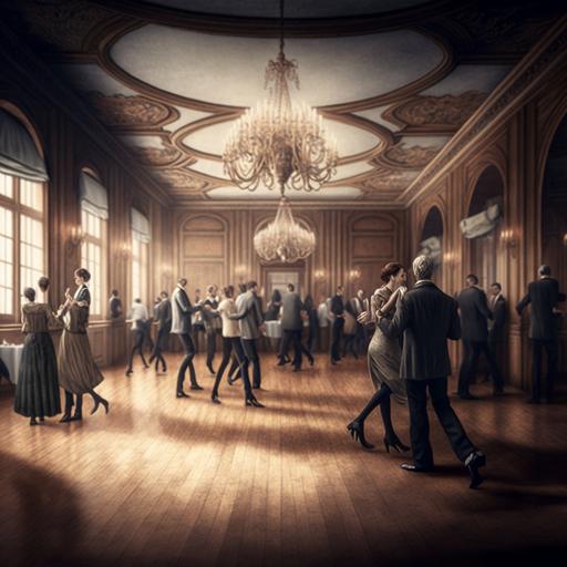 hyper realistic picture of people dancing lindy hop in France in a fancy ballroom with a wooden floor and chandeliers