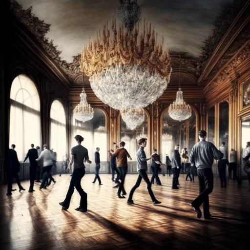 hyper realistic picture of people dancing lindy hop in France in a fancy ballroom with a wooden floor and chandeliers