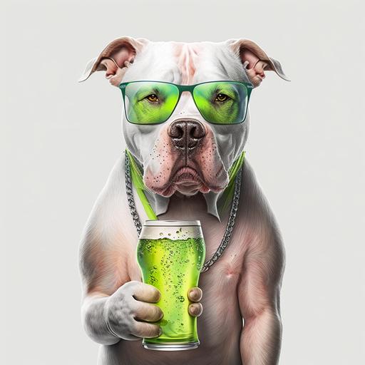 hyper realistic pitbull wearing lime green sunglasses and hold a frothing beer glass in each hand on white background