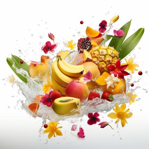 hyper realistic publicity photo. white background, ingredients flying in the air of tropical fruits like banana, pineapple and mango with tropical flowers like hibiscus and plumeria