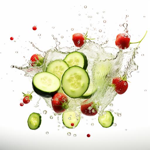 hyper realistic publicity photo. white background. ingredients like sliced cucumber and red berries bursting in the air