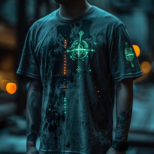 hyper realistic t-shirt logo mockup designs, modern, dark, dystopian lighting, with futuristic logos --v 6.0 --s 750