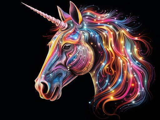 hyper realistic unicorn, neon pencil drawing, black background, lumino kinetic --ar 4:3