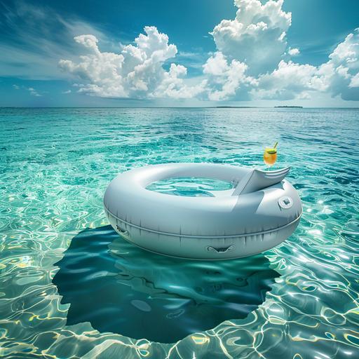 hyper realistic wide angle view of a reclining pool float with a margarita in the cup holder floating on top of crystal clear ocean waters with a sandy beach and tropical backdrop