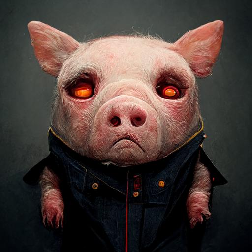 hyper-realistic world of pigs: evil father pig walks in a jacket, a human servant without eyes with hands 2 meters