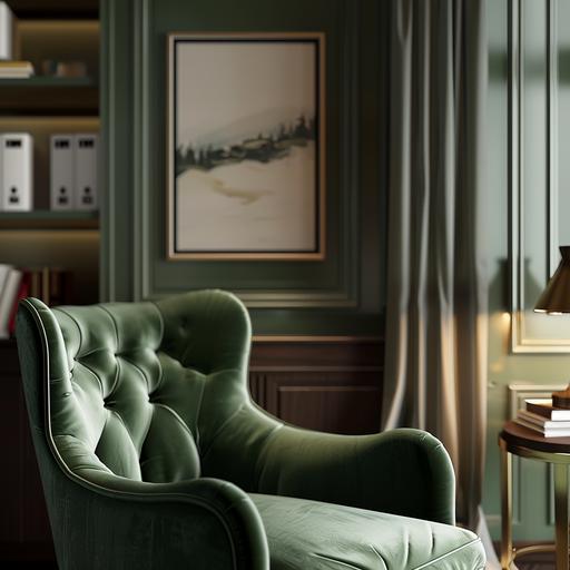 hyper realistic zoomed in image of a green velvet chair in a cozy office, zoomed into the side, just showing enough to feel like you know what the space is but close enough to not show fine details of the rest of the room