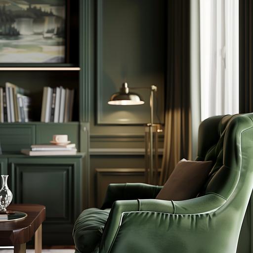 hyper realistic zoomed in image of a green velvet chair in a cozy office, zoomed into the side, just showing enough to feel like you know what the space is but close enough to not show fine details of the rest of the room