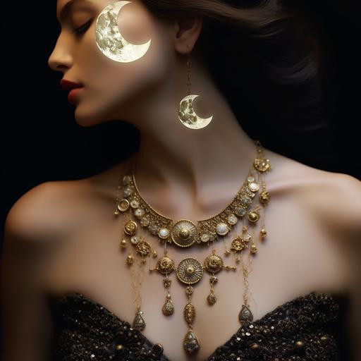 hyper realistic,super detailed , elegant,small size ,cute,do not exaturate,symetrical gold necklace swarovski style, on a neck of a women,with a beautiful party night dress,dark night with full moon theme,super realistic ,1080 x 1920