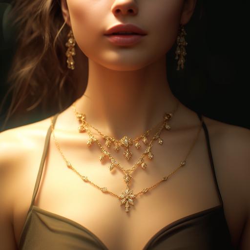 hyper realistic,super detailed , elegant,small size ,cute,do not exaturate,symetrical gold necklace swarovski style, on a neck of a women,with a beautiful party night dress,super realistic ,1080 x 1920