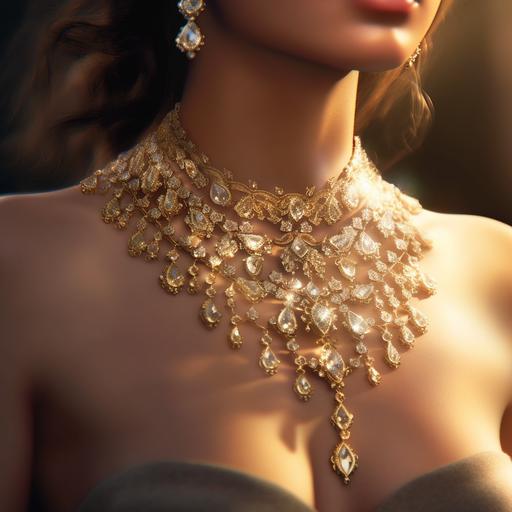 hyper realistic,super detailed ,super elegant,small cute,do not exaturate,symetrical gold necklace swarovski style, on a neck of a women,with a beautiful party night dress,super realistic ,1080 x 1920