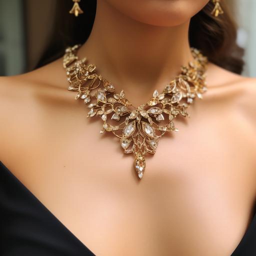 hyper realistic,super detailed ,super elegant,small symetrical gold necklace swarovski style, on a neck of a women,with a beautiful party night dress,super realistic