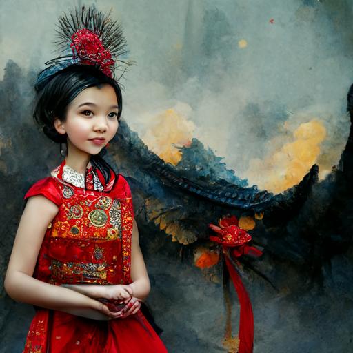 hyper realistictraditional chinese girl with new year dress and fan, mountain view, celebration, dragon, beijing