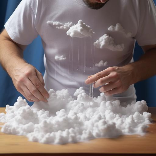 hyper realstic stitching is happening on cloud on mans tshirt