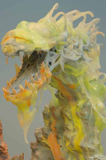 hyperdetailed 3d render of A roaring dragon made of geological layers and strata of painted concrete and cast glass in the style of Robert Rauschenberg and Gustav Dore --ar 2:3 --style 4g5Ra1Bs7rGA