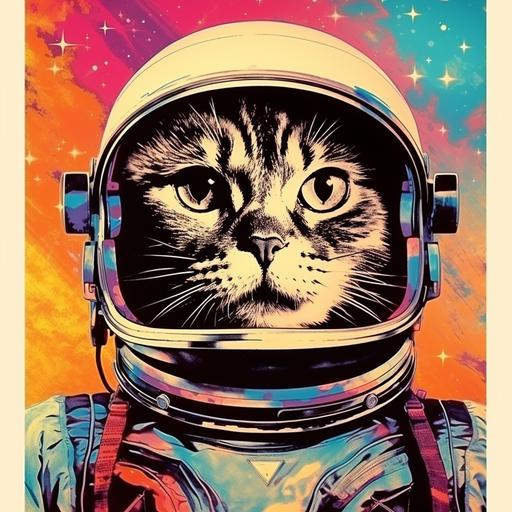 hypermaximalist watercolor modern-retro cat astronaut poster, Shepard Fairey, banksy--ar 3:5 --v 5.2