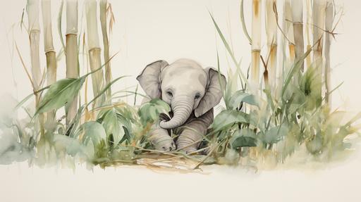 hypermaximalist watercolor on light parchment, baby elephant playing in a bamboo forest, color palette: gray, green, brown, --ar 16:9