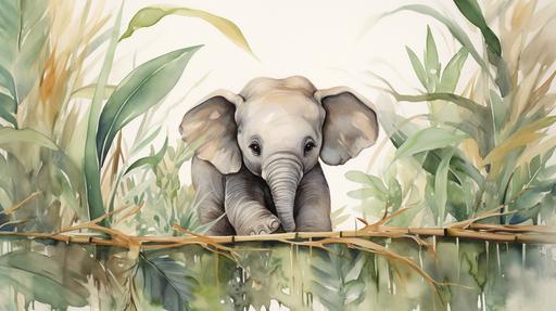 hypermaximalist watercolor on light parchment, baby elephant playing in a bamboo forest, color palette: gray, green, brown, jewel tones, --ar 16:9
