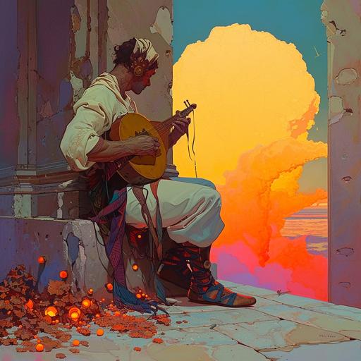 hyperpop bard playing the lute in burning courtyard --v 6.0 --sref