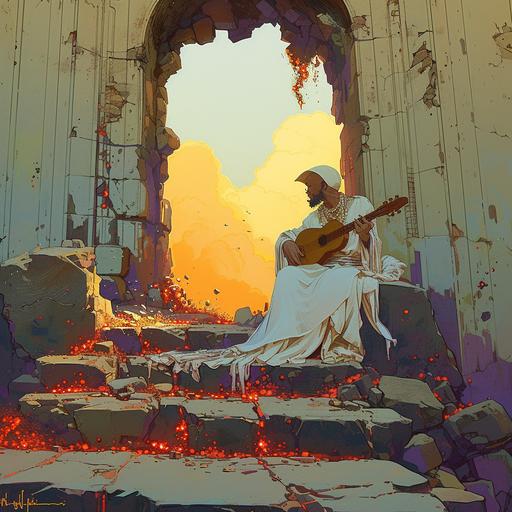 hyperpop bard playing the lute in burning courtyard --v 6.0 --sref