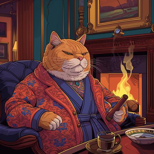 hyperpop image illustration style of a cartoon fat fat cat in luxurious robe in a nice cigar room with fireplace in the background, evening, fancy masculine cigar room --v 6.0