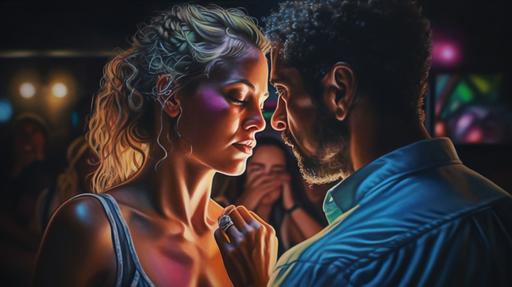 hyperrealism colorful watercolored pencil:: amazing epic beautiful couples dancing kizomba on dancefloor, highly detailed, dynamic, expressive, clean lines, cinematic, stunning, realistic lighting and shading , vivid, vibrant, Daguerreotype --ar 16:9 --v 5 --q 2 --s 750