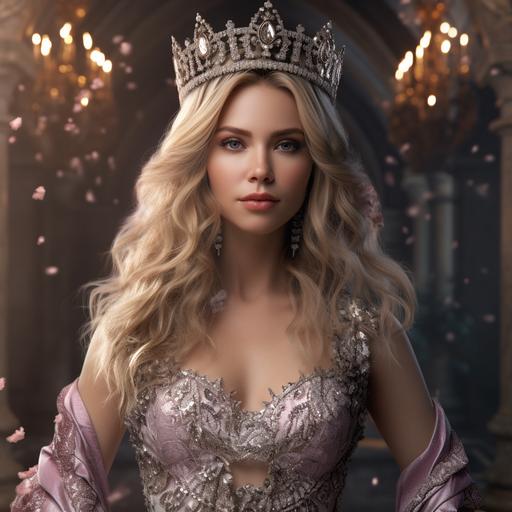 hyperrealistic, 3D, 8K, cinematic, full body photo of blonde haired queen with amethyst crown