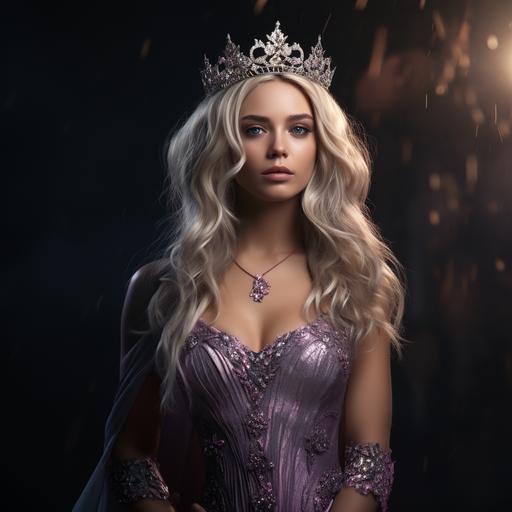 hyperrealistic, 3D, 8K, cinematic, full body photo of Blonde haired queen with amethyst crown