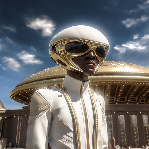 hyperrealistic, 3D, 8K, cinematic, full body photo of an African American pilot, outside of a hovering an all white tic tac shaped flying saucer, humanoid robotic body with a human face, standing 9 feet tall, egyptian style gold helmet and goggles, looking out into Washington D.C,, cinematic, volumetric lighting, award winning photography, ornate, textures and layers ar 3:2 --v 5.2