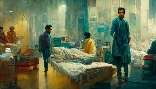 hyperrealistic 4K rajkumar rao standing in hospital,in front of bed, in blade runner style --ar 16:9