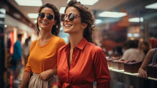 hyperrealistic and intricate detailed full-length portrait| full shot of two women wearing fashionable sunglasses in a store and engaging with the mall crowd at mall roadshow and some celebration| symmetry| sharp focus| smooth| rule of thirds| insanely detailed| vivid color| raytracing| rtx| photorealistic| depth of field| professional colorgrading --ar 16:9 --s 750