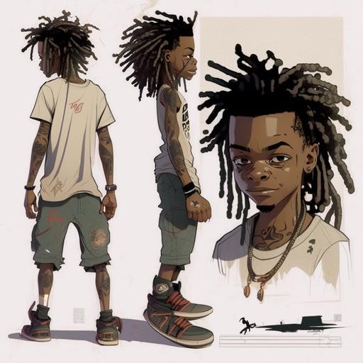 hyperrealistic design, boondocks style, disney style, character design, concept art, full body, young, black male, dreadlocks, tattoos, skateboarder, red eyes, grinning